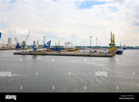 Rostock, Germany - 17.06.2018: Port facility with cranes and shipyard in the port of Rostock ...