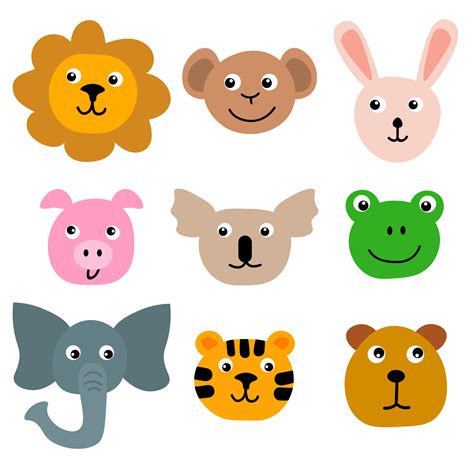 Cartoon faces of zoo animals in flat style isolated on white background. Animal avatars. Lion ...