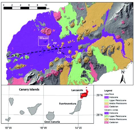 Location of Lanzarote Island and map of quaternary volcanic deposits of ...