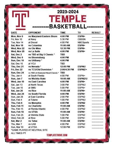 Printable 2023-2024 Temple Owls Basketball Schedule