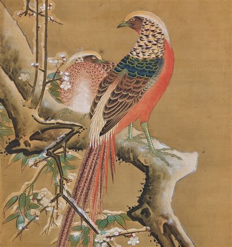 19th Century Japanese Silk Painting. Pheasants & Plum in Snow.