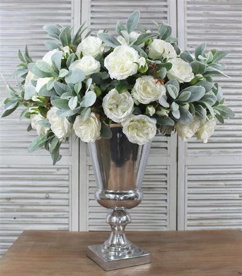 White & Green Floral Display in Silver Urn - Artificial Flowers | White flower arrangements ...