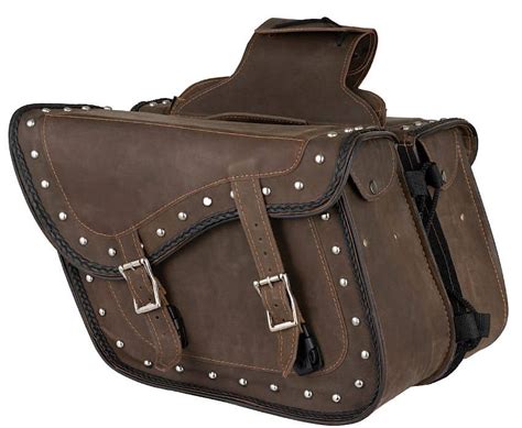 Vintage Brown Leather Saddlebags with Studs and Braid