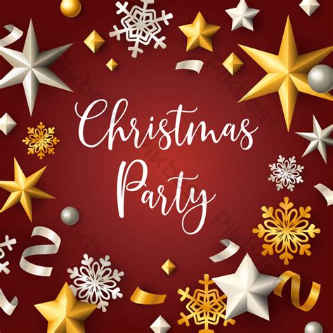 Christmas Party Banner With Stars And Flakes On Red Background PNG Images | EPS Free Download ...