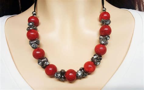 CORAL Red Coral Gemstone Necklace, Red Coral Gemstone Jewelry, Oxidized Black Diamond Crystal ...