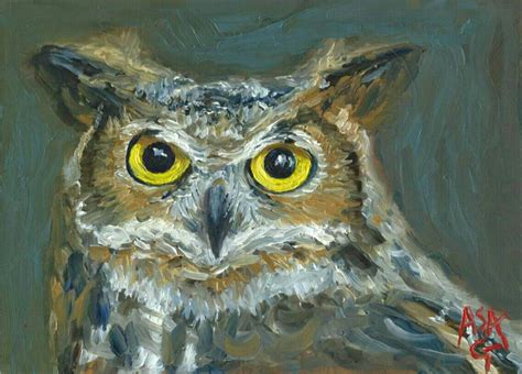 Great Horned Owl Oil Painting on Masonite Board 5x7 by AsaFineArt