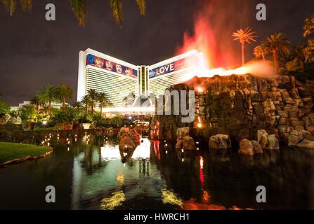 Mirage Hotel Casino and Volcano Eruption Show at Night - Las Vegas ...