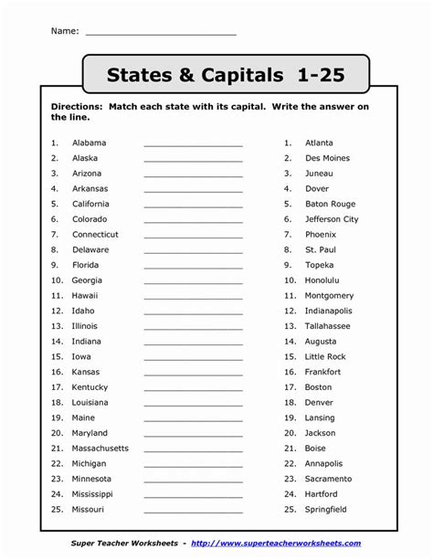 States and Capitals Matching Worksheet New Name States Capitals 1 25 Directions Match Each State ...