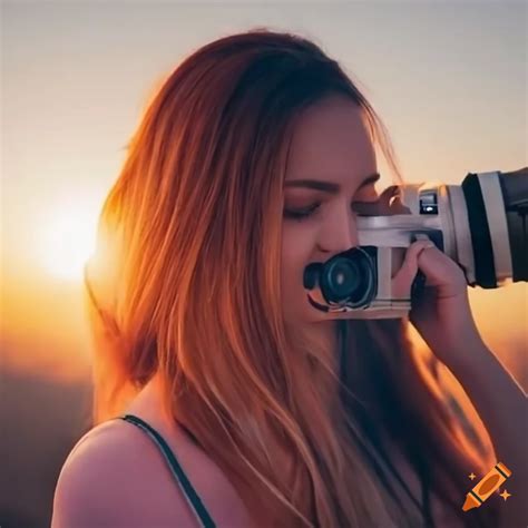 Girl capturing the sunset with a camera on Craiyon