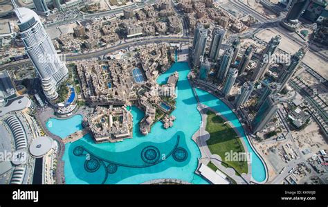 Spectacular aerial view from Burj Khalifa, looking down to the fountain ...