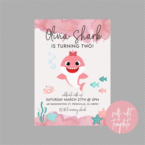 Baby Shark Birthday Invitation // Girl Baby Shark Invitation | Etsy