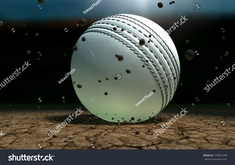 A White Leather Stitched Cricket Ball Hitting A Cracked Cricket Pitch With Dirt Particles ...