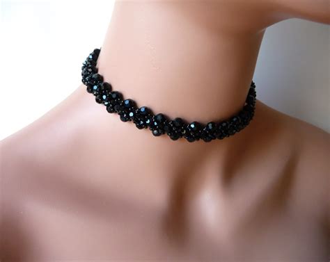 Black Choker Necklace Black Crystal Necklace Beaded Choker | Etsy