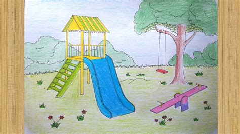 Park Side Scenery Drawing 🎪 Playground Drawing Easy 🏰 Park Drawing ...