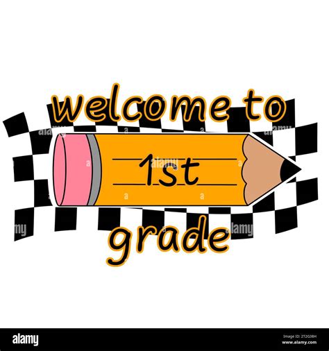 Welcome to first grade clip art with yellow pencil on checkerboard pattern background, isolated ...