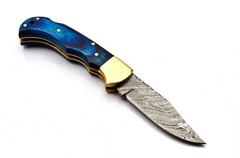 Custom Handmade Damascus Steel Lock Back Folding Knife” Blue Wood Handle – MABSON – Shop knives