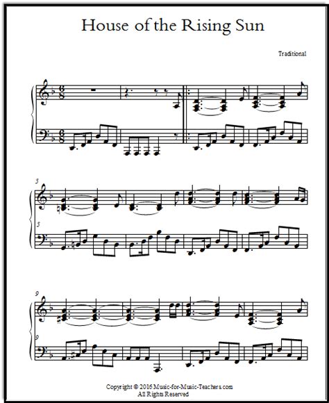 House of the Rising Sun Chords & Lyrics - free sheet music!