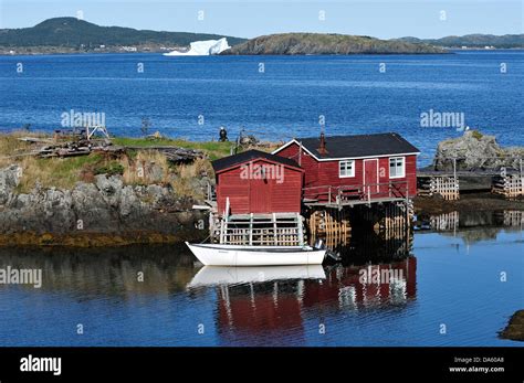 Fishing Village, North Coast, Newfoundland, Canada, village, water, forest, cabin Stock Photo ...