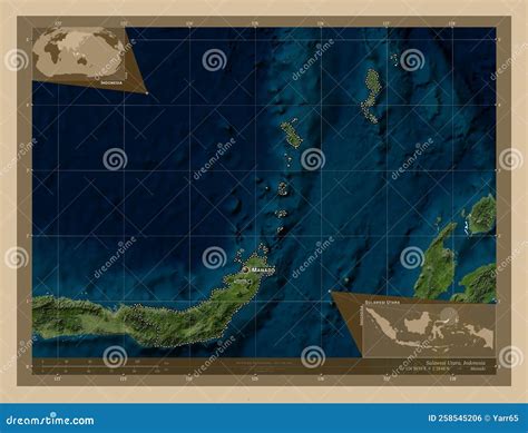 Sulawesi Utara, Indonesia. Low-res Satellite. Labelled Points of Cities Stock Illustration ...