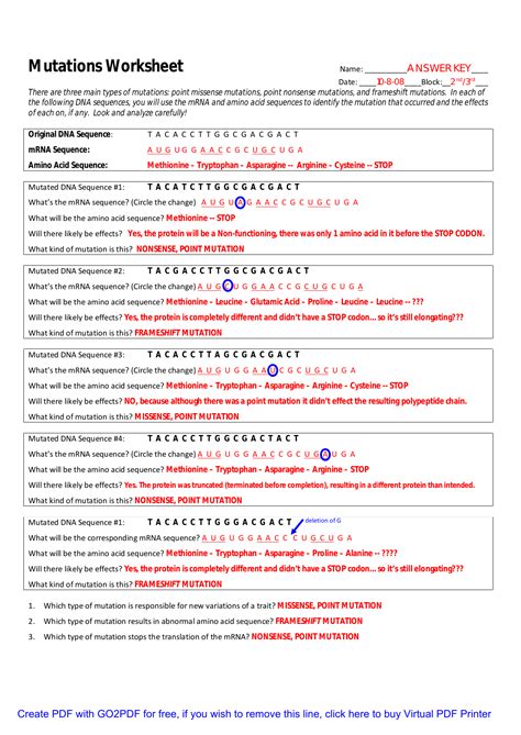 Dna Mutations Worksheet Answer Key - Printable Word Searches