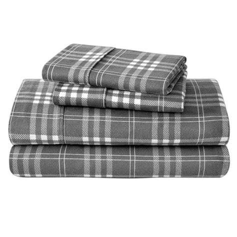 Stirling Plaid - Grey/white Cotton Flannel Full Sheet Set By Bare Home ...