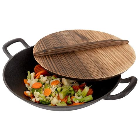 Pre-Seasoned Cast Iron Wok with 2 Handled and Wooden Lid (14 Inches) - Nonstick Iron Deep Frying ...