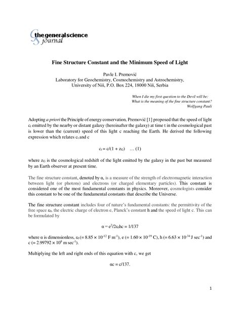 (PDF) Fine Structure Constant and the Minimum Speed of Light