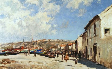 Download wallpaper edward seago, nazaré. portugal, painting, urban landscape, street, painting ...