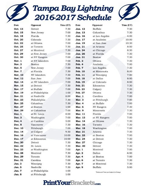 Tampa Bay Lightning Schedule Printable