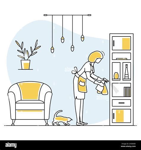 Vector illustration Apartment House Cleaning Maid service Woman cleans ...