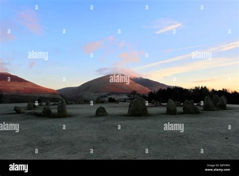 Winter dawn, Castlerigg Ancient Stone Circle, near Keswick Town, Lake District National Park ...