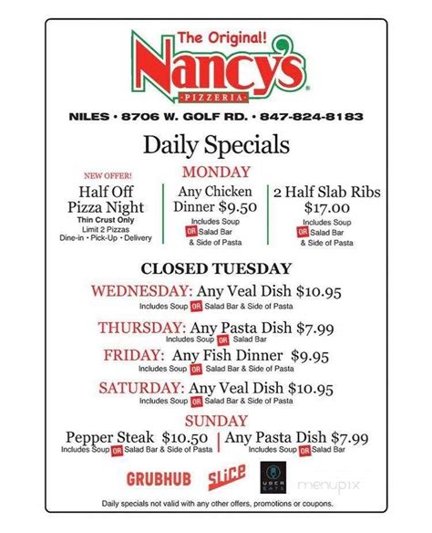 Menu of Nancy's Pizza & Restaurant in Niles, IL 60714