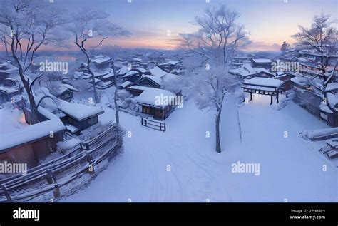 Japan, winter, night view, winter village, aerial view, Japanese temple ...