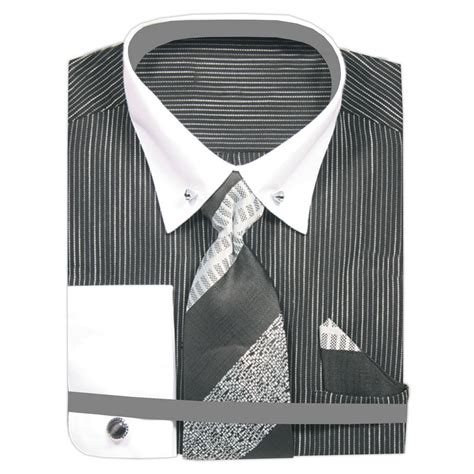 Sunrise Outlet - Men's French Cuff White Stripes Dress Shirt with Collar Bar Neck Tie Hanky ...