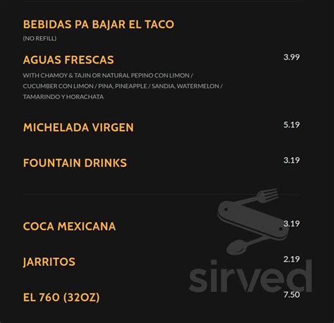 Taco Shop 760 menu in Indio, California, USA