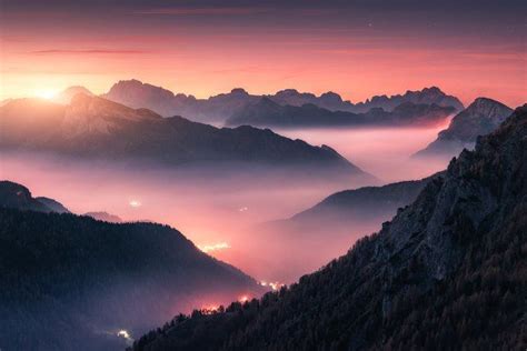 Mountains in fog at beautiful sunset containing mountain, rock, and fog | Sunset landscape ...