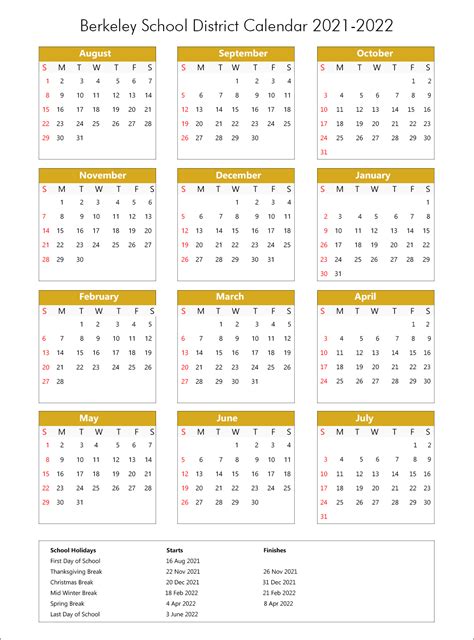 Berkeley Unified School District Calendar Holidays 2021-2022