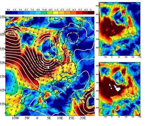 Weather maps of wind speed (colour scale), wind direction (arrows) and ...