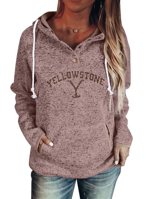 Buy Womens Winter Comfy Long Sleeve Tops Soft Tee Blouse Hooded Yellowstone Button Hoodie Pocket ...