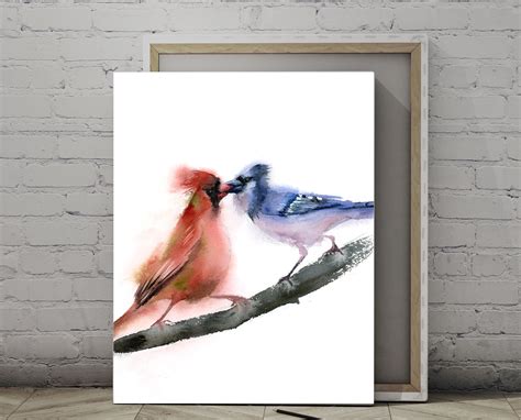 Cardinal and Blue Jay Print, Kissing Birds Painting, Watercolor Print ...