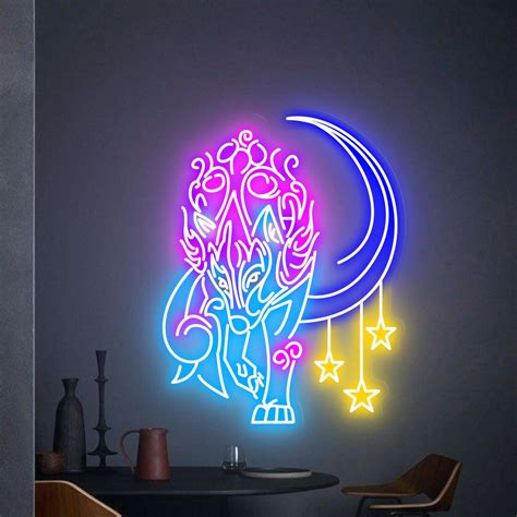 Wolf Neon Sign, Moon Light Sign, Wolf & Moon Wall Decor, Wolf Wall Art, Animal Neon Sign, Animal ...