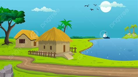 Village Cartoon Background Illustration With Cow Cottage Lake Trees And Narrow Road Vector ...