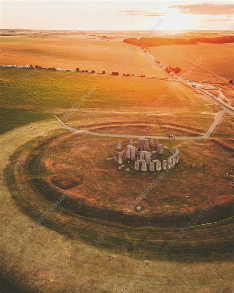 Aerial view of Stonehenge at sunset, UK - Stock Image - F040/3398 ...