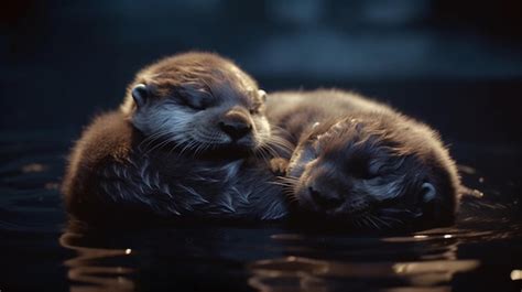 Premium AI Image | Baby otter sleeping on mommy otter water ripples ...