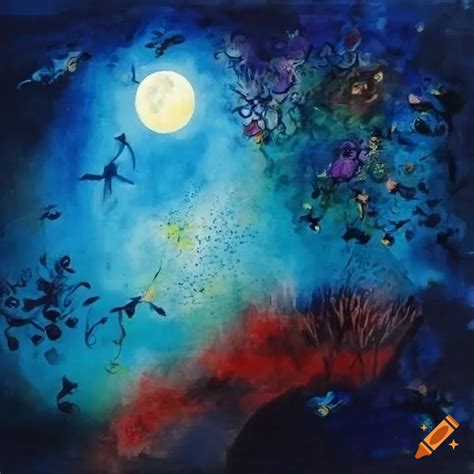 Night moon and fireflies in japanese and chinese painting style