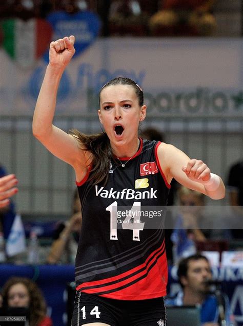 Eda Erdem of Turkey celebrates during the women Volleyball European Championship match between ...