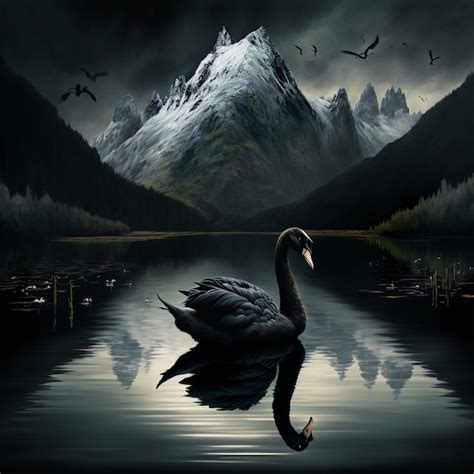 Premium AI Image | A black swan is floating in a lake with mountains in ...