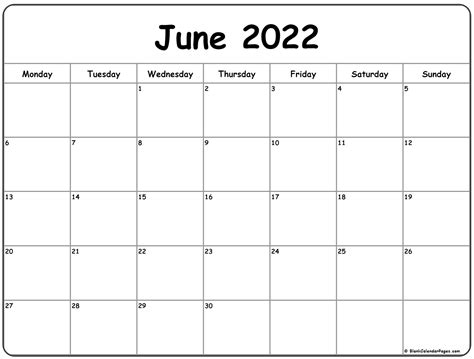 June 2022 Monday Calendar | Monday to Sunday