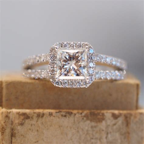 Halo Princess Cut Engagement Ring with Split Shank Band in White Gold With Diamonds. Micropave ...