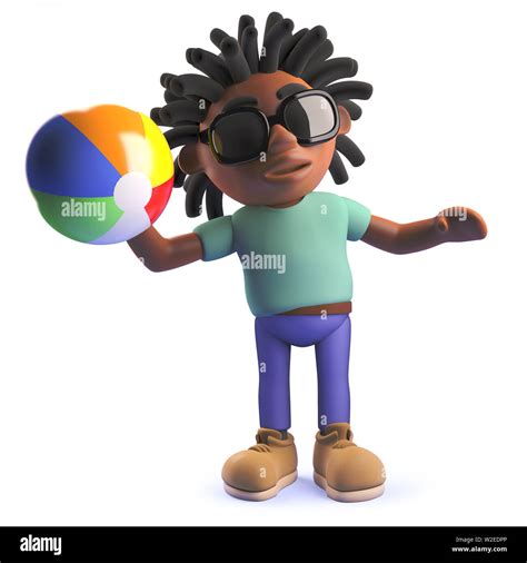 Rendered image of a cartoon black man with dreadlocks playing with a beach ball, 3d illustration ...